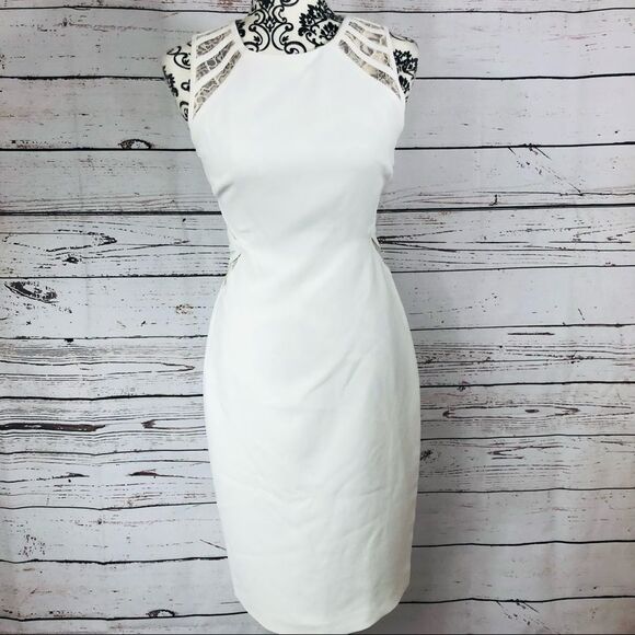Halston Heritage Lace Trim Cutouts Inset Sleeveless Sheath Dress White 0 - Picture 2 of 9